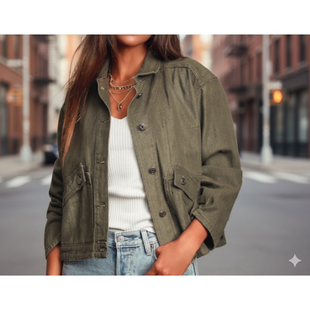 Denim Jean Utility Jacket Small Olive Green Charcoal Gray Oversized Cropped